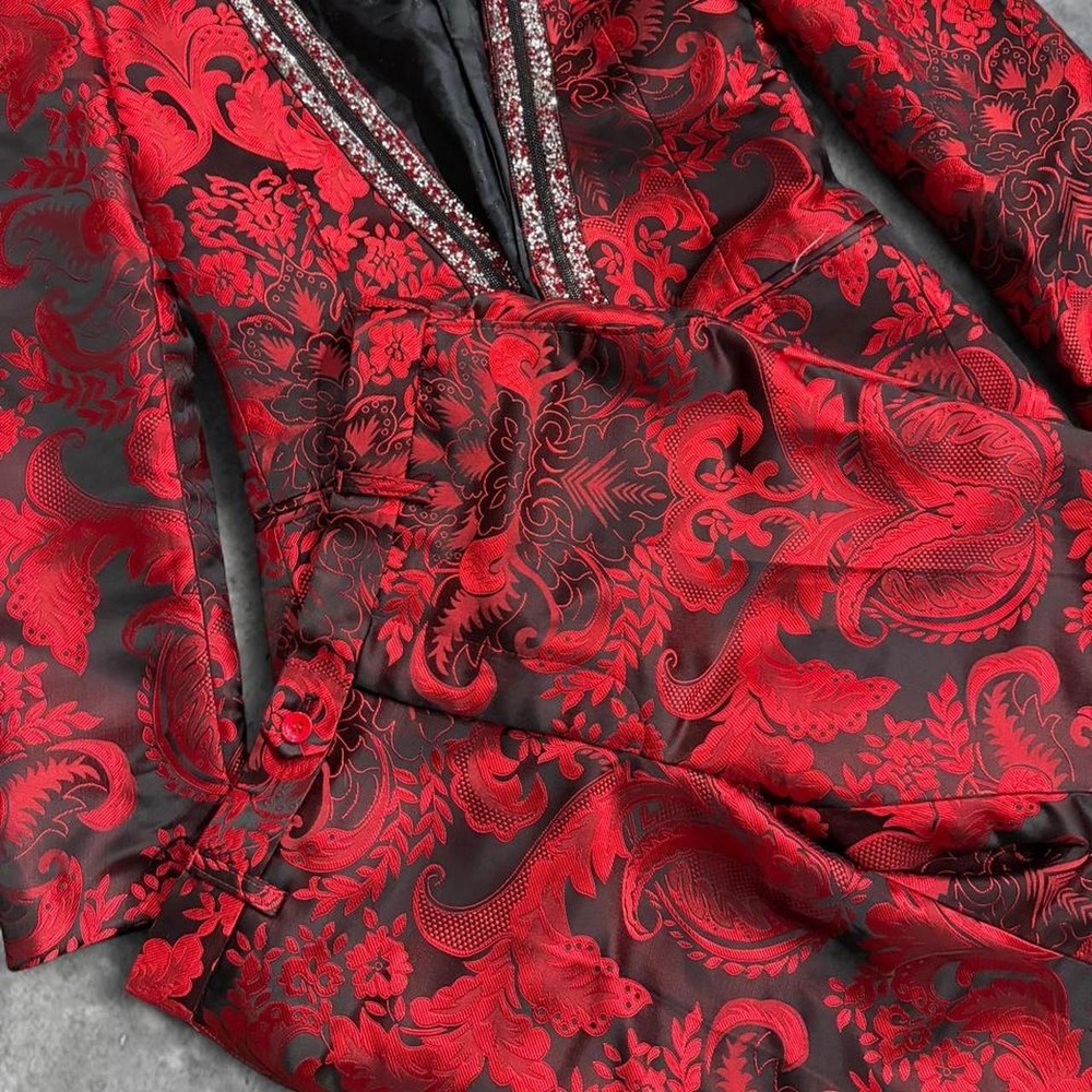 Red Black Damask Brocade Sequin Blazer Suit Set 2 Piece Pantsuit